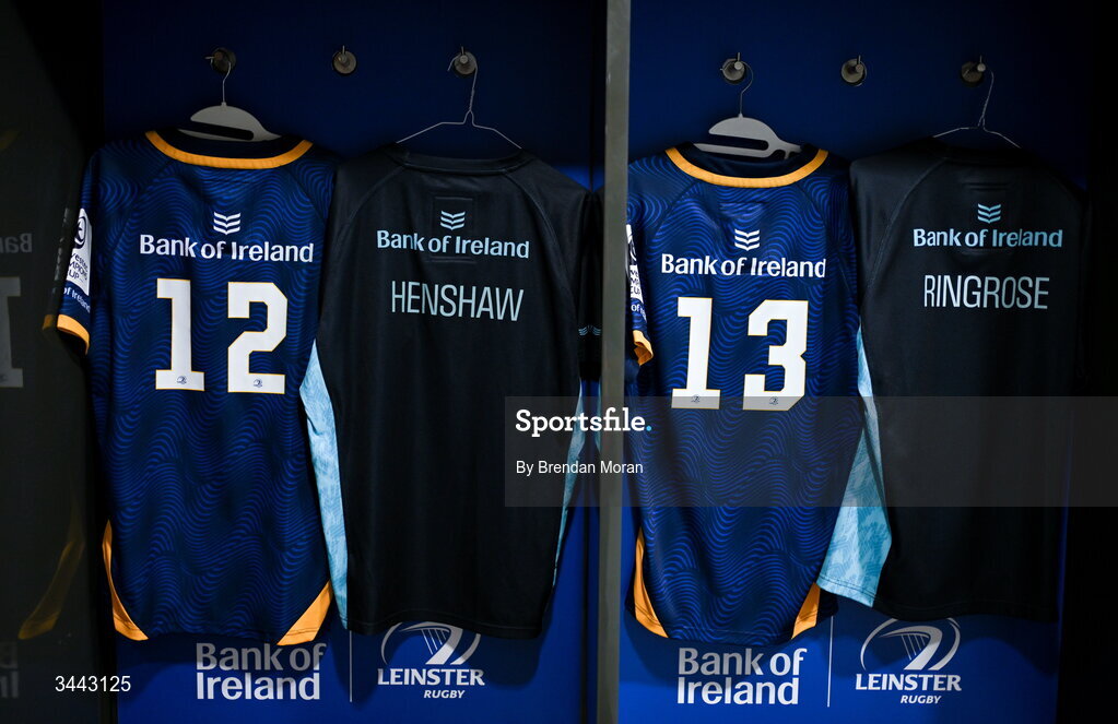2 May 2026; The jerseys of Robbie Henshaw and Garry Ringrose in the Leinster dressingroom before the Investec Champions Cup semi-final match between Leinster and RC Toulon at the Aviva Stadium in Dublin. Photo by Brendan Moran/Sportsfile