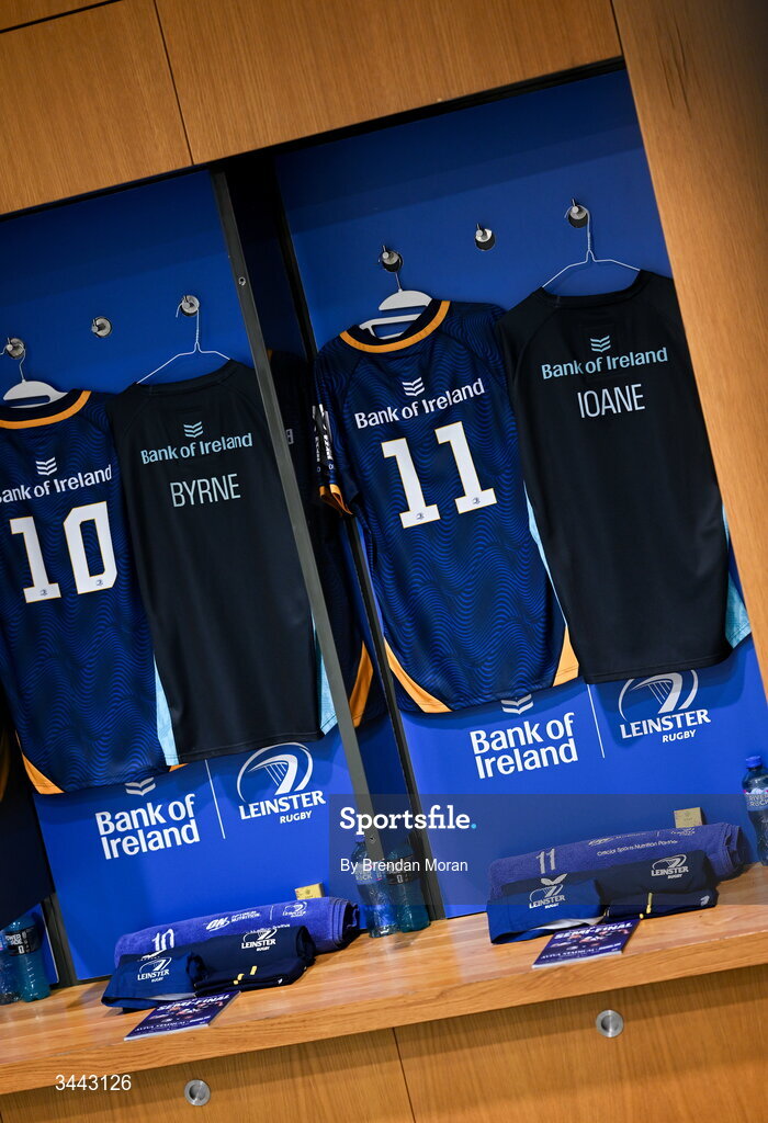 2 May 2026; The jerseys of Harry Byrne and Rieko Ioane in the Leinster dressingroom before the Investec Champions Cup semi-final match between Leinster and RC Toulon at the Aviva Stadium in Dublin. Photo by Brendan Moran/Sportsfile