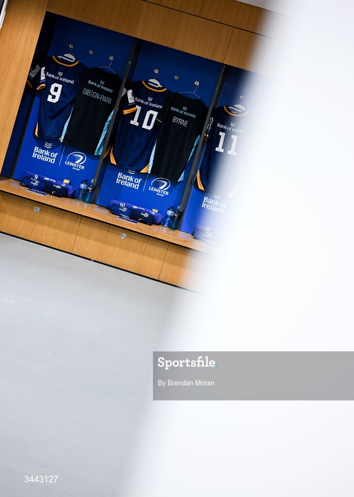 2 May 2026; The jerseys of Jamison Gibson-Park, Harry Byrne and Rieko Ioane in the Leinster dressingroom before the Investec Champions Cup semi-final match between Leinster and RC Toulon at the Aviva Stadium in Dublin. Photo by Brendan Moran/Sportsfile