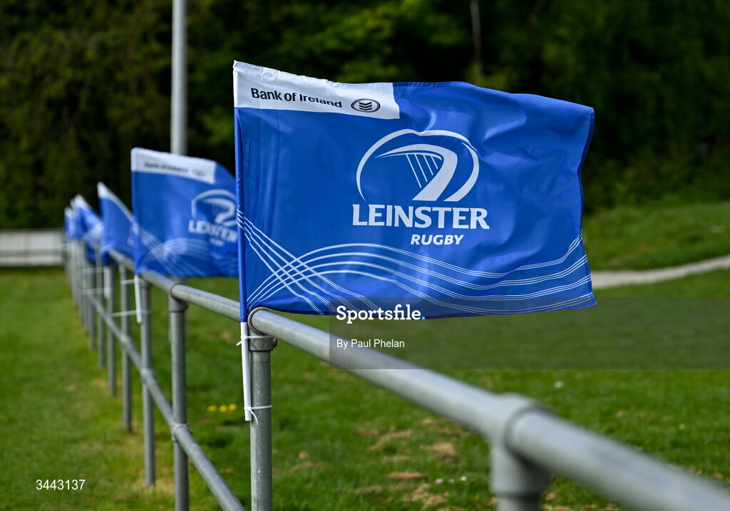 2 May 2026; Leinster flags on display before the IRFU Men's Junior Interprovincials Round 2 match between Munster and Leinster at DLSP FC in Kiltiernan, Dublin. Photo by Paul Phelan/Sportsfile