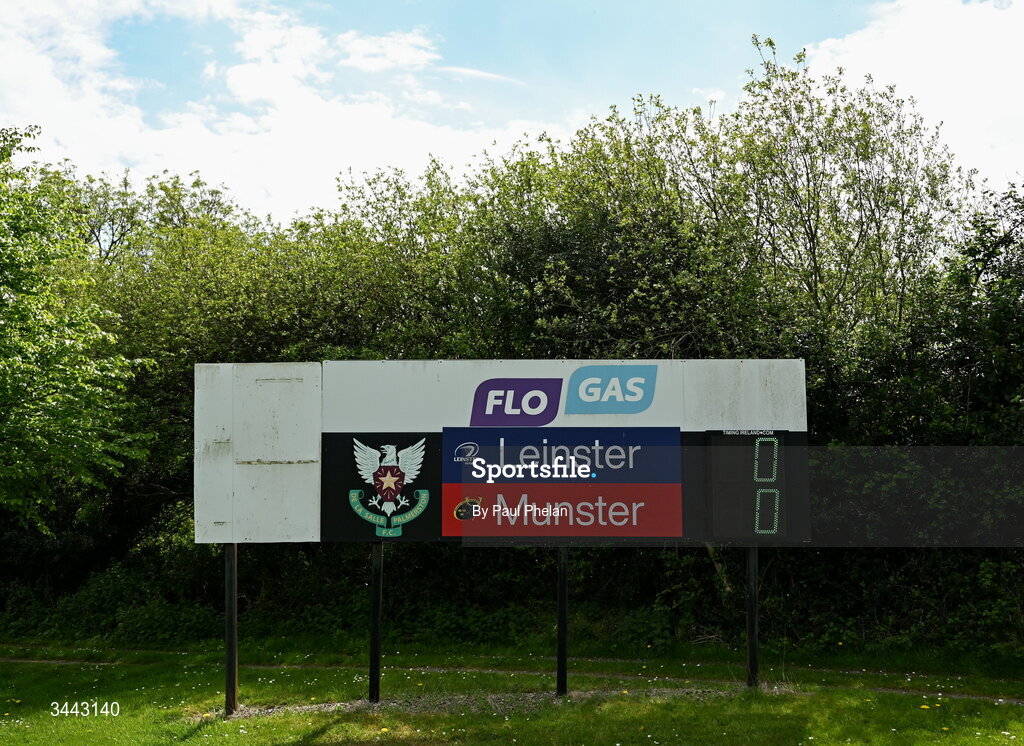 2 May 2026; The scoreboard before the IRFU Men's Junior Interprovincials Round 2 match between Munster and Leinster at DLSP FC in Kiltiernan, Dublin. Photo by Paul Phelan/Sportsfile
