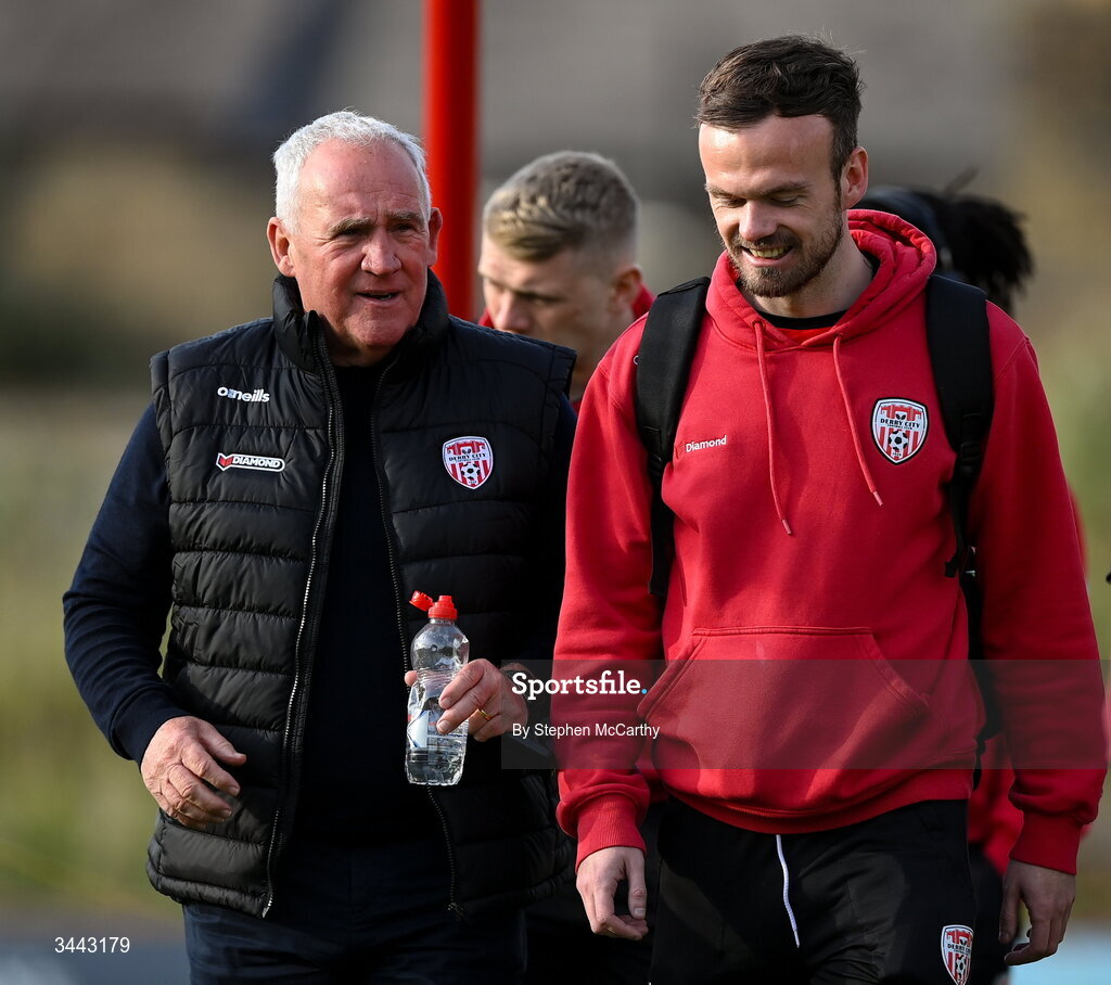 1 May 2026; Cameron Dummigan of Derry City and board member Peter Wallace arrive for the SSE Airtricity Men's Premier Division match between Bohemians and Derry City at Dalymount Park in Dublin. Photo by Stephen McCarthy/Sportsfile