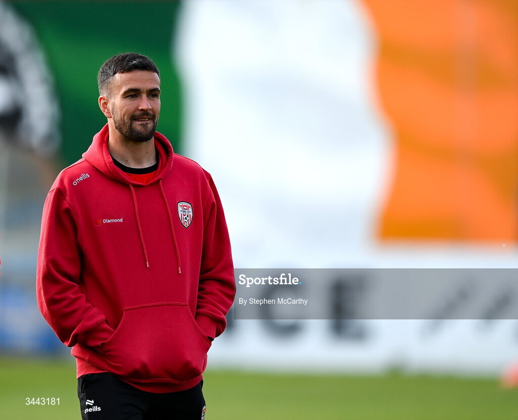 1 May 2026; Michael Duffy of Derry City before the SSE Airtricity Men's Premier Division match between Bohemians and Derry City at Dalymount Park in Dublin. Photo by Stephen McCarthy/Sportsfile