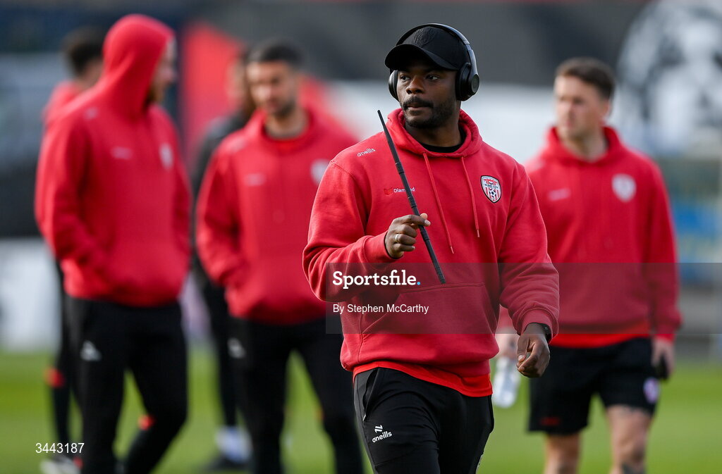 1 May 2026; Dipo Akinyemi of Derry City before the SSE Airtricity Men's Premier Division match between Bohemians and Derry City at Dalymount Park in Dublin. Photo by Stephen McCarthy/Sportsfile