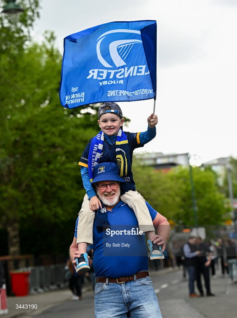 2 May 2026; Young Leinster supporter Brooke Brady, from Cellbridge, with their grandfather Brian Shaw before the Investec Champions Cup semi-final match between Leinster and RC Toulon at the Aviva Stadium in Dublin. Photo by Seb Daly/Sportsfile