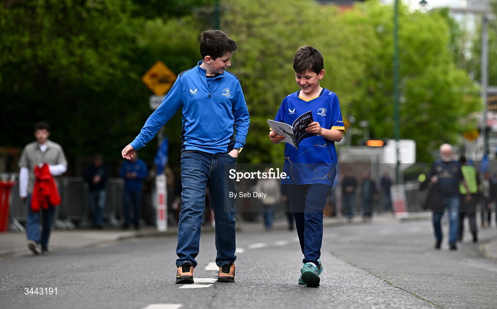 2 May 2026; Leinster supporters Oisin Cooling, aged 12, left, and his brother Senan, aged 10, from Goatstown in Dublin before the Investec Champions Cup semi-final match between Leinster and RC Toulon at the Aviva Stadium in Dublin. Photo by Seb Daly/Sportsfile