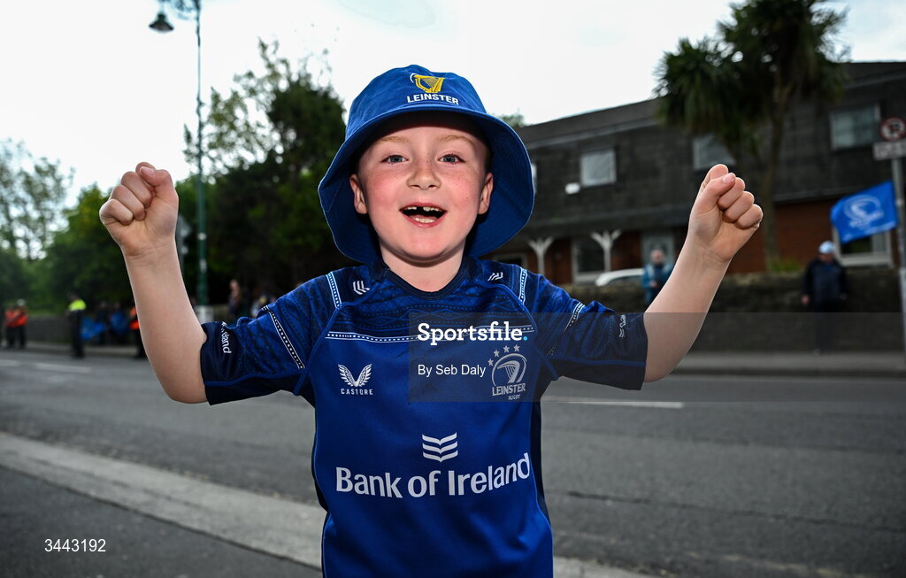 2 May 2026; Leinster supporter Archie Sheridan, aged 7, from Citywest in Dublin before the Investec Champions Cup semi-final match between Leinster and RC Toulon at the Aviva Stadium in Dublin. Photo by Seb Daly/Sportsfile