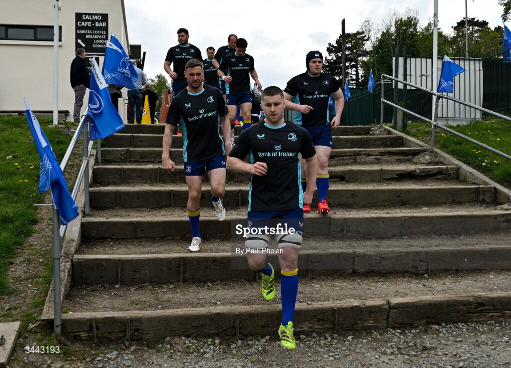2 May 2026; Donal McMahon of Leinster leads out his team for the warm up before the IRFU Men's Junior Interprovincials Round 2 match between Munster and Leinster at DLSP FC in Kiltiernan, Dublin. Photo by Paul Phelan/Sportsfile