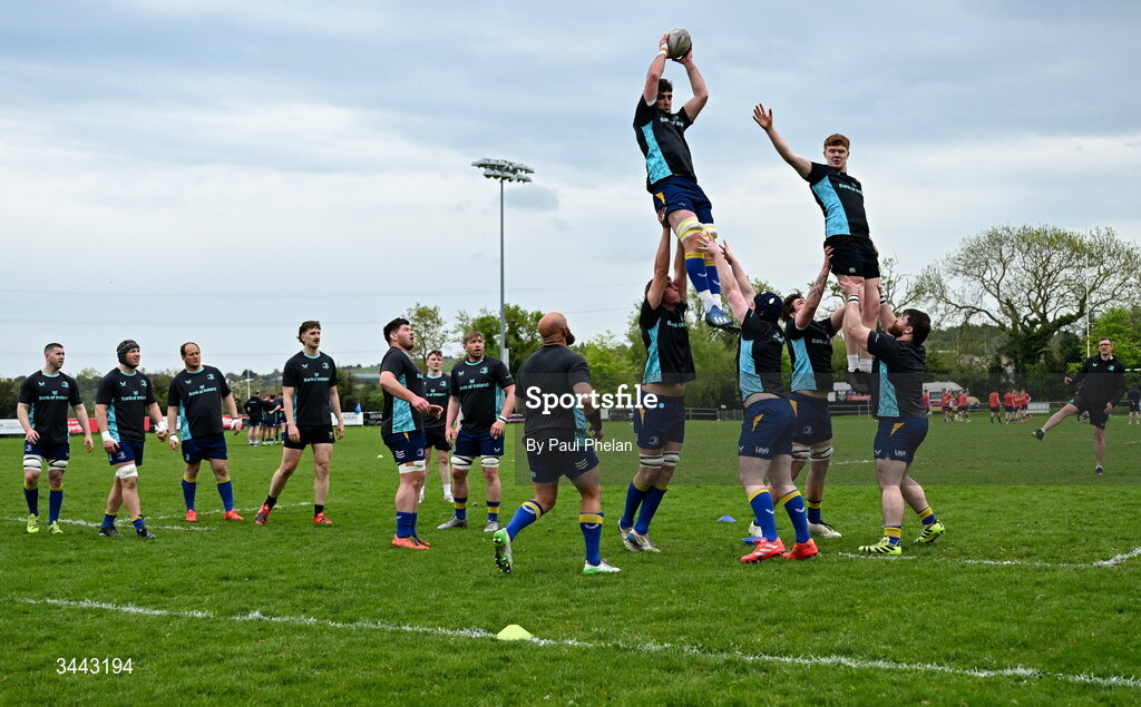 2 May 2026; Leinster warm up before the IRFU Men's Junior Interprovincials Round 2 match between Munster and Leinster at DLSP FC in Kiltiernan, Dublin. Photo by Paul Phelan/Sportsfile