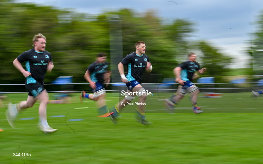 2 May 2026; Leinster warm up before the IRFU Men's Junior Interprovincials Round 2 match between Munster and Leinster at DLSP FC in Kiltiernan, Dublin. Photo by Paul Phelan/Sportsfile