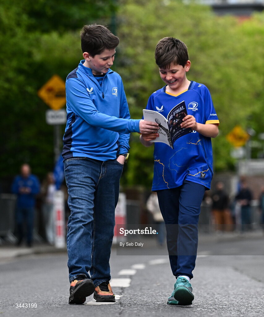2 May 2026; Leinster supporters Oisin Cooling, aged 12, left, and his brother Senan, aged 10, from Goatstown in Dublin before the Investec Champions Cup semi-final match between Leinster and RC Toulon at the Aviva Stadium in Dublin. Photo by Seb Daly/Sportsfile