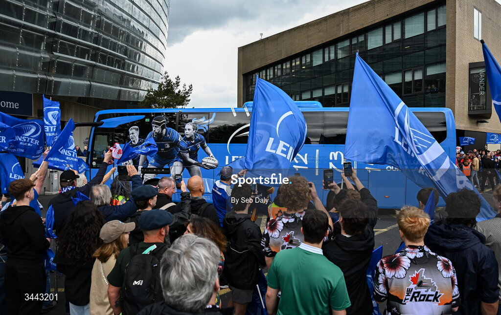 2 May 2026; The Leinster team bus arrives before the Investec Champions Cup semi-final match between Leinster and RC Toulon at the Aviva Stadium in Dublin. Photo by Seb Daly/Sportsfile