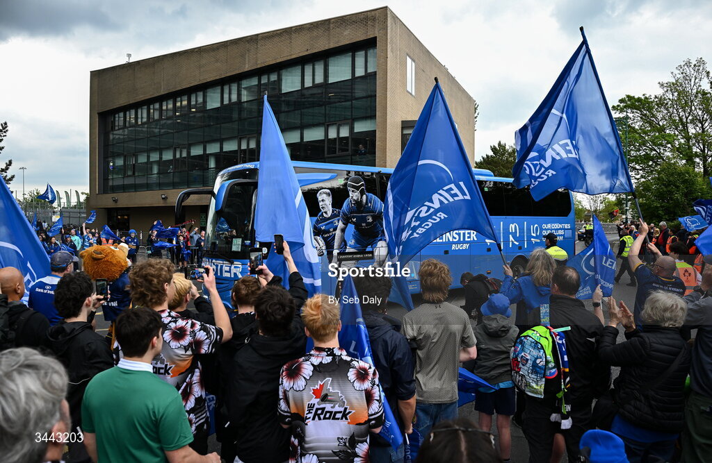 2 May 2026; The Leinster team bus arrives before the Investec Champions Cup semi-final match between Leinster and RC Toulon at the Aviva Stadium in Dublin. Photo by Seb Daly/Sportsfile