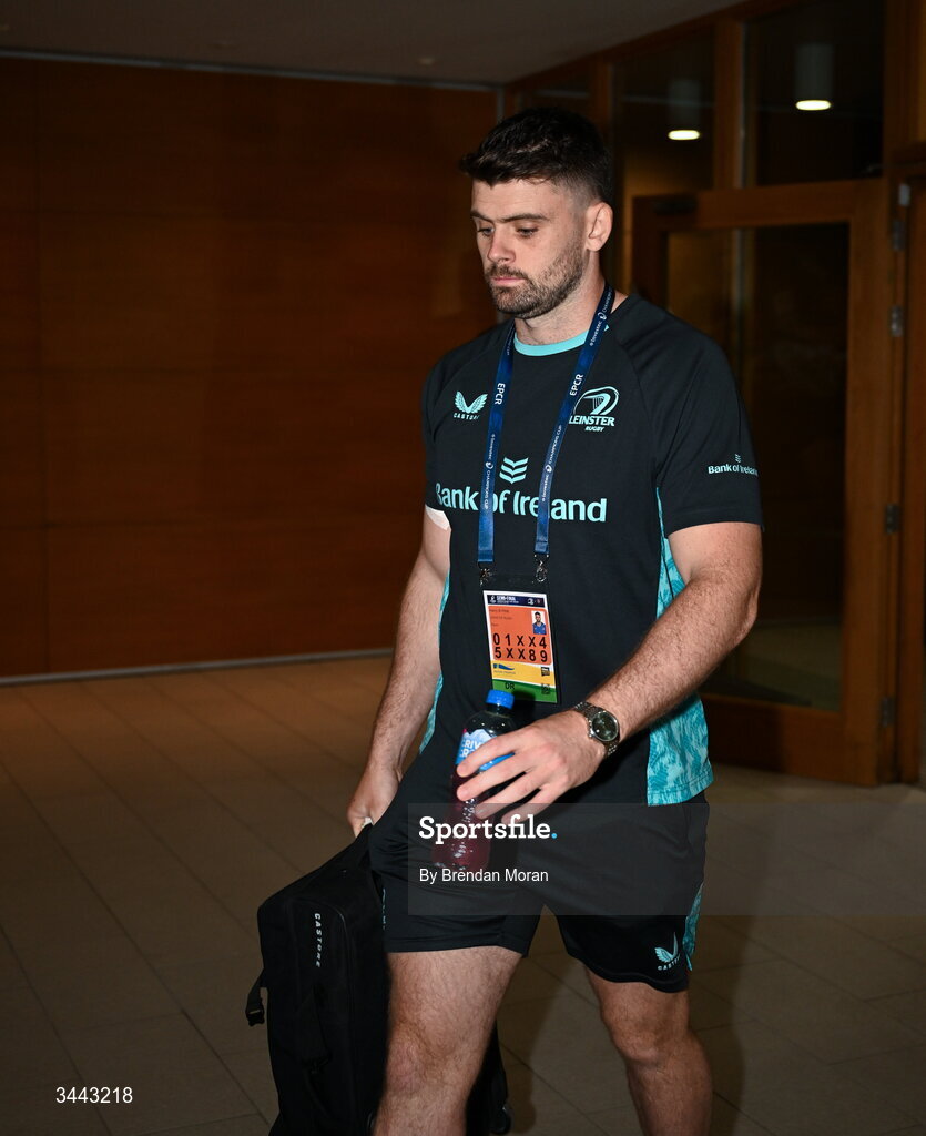 2 May 2026; Harry Byrne of Leinster arrives before the Investec Champions Cup semi-final match between Leinster and RC Toulon at the Aviva Stadium in Dublin. Photo by Brendan Moran/Sportsfile