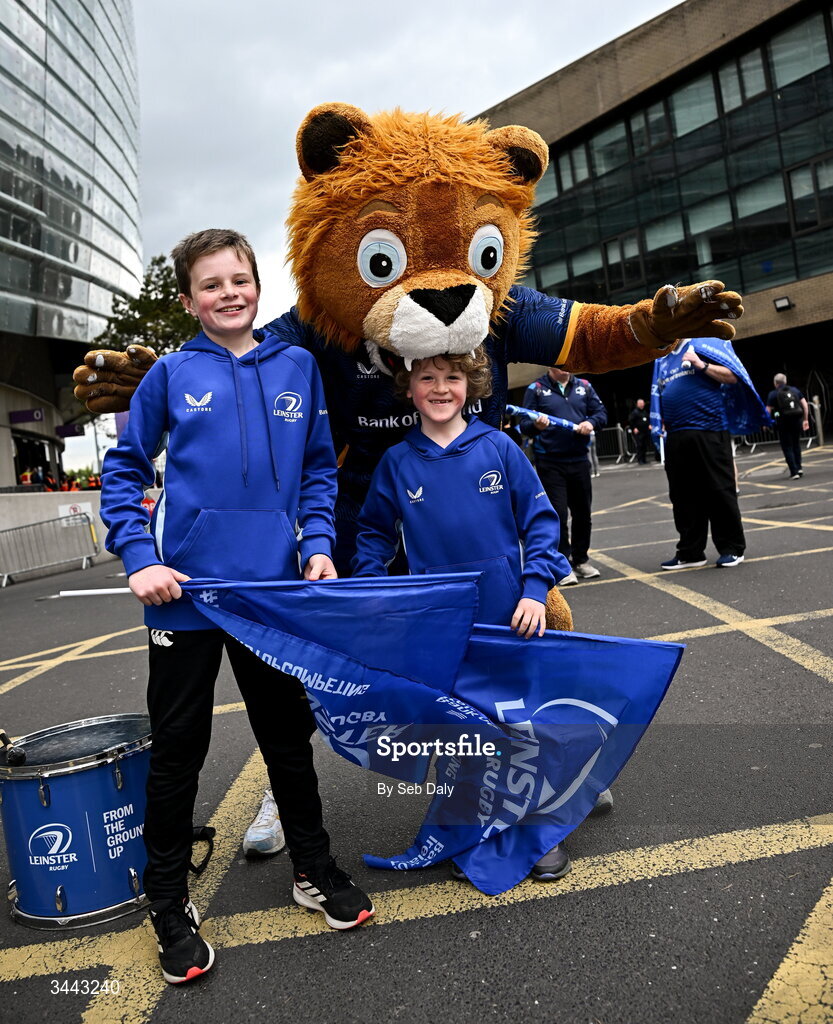 2 May 2026; Leinster mascot Leo the Lion with young Leinster supporters before the Investec Champions Cup semi-final match between Leinster and RC Toulon at the Aviva Stadium in Dublin. Photo by Seb Daly/Sportsfile
