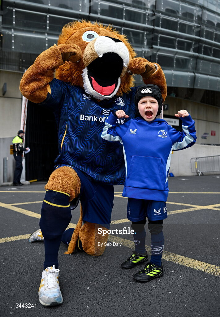 2 May 2026; Leinster mascot Leo the Lion with a young Leinster supporter before the Investec Champions Cup semi-final match between Leinster and RC Toulon at the Aviva Stadium in Dublin. Photo by Seb Daly/Sportsfile