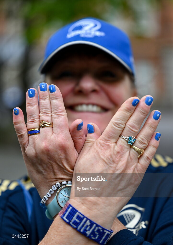 2 May 2026; Leinster supporter Jeanette Smemam, from the Netherlands, living in Donadea, Kildare, before the Investec Champions Cup semi-final match between Leinster and RC Toulon at the Aviva Stadium in Dublin. Photo by Sam Barnes/Sportsfile