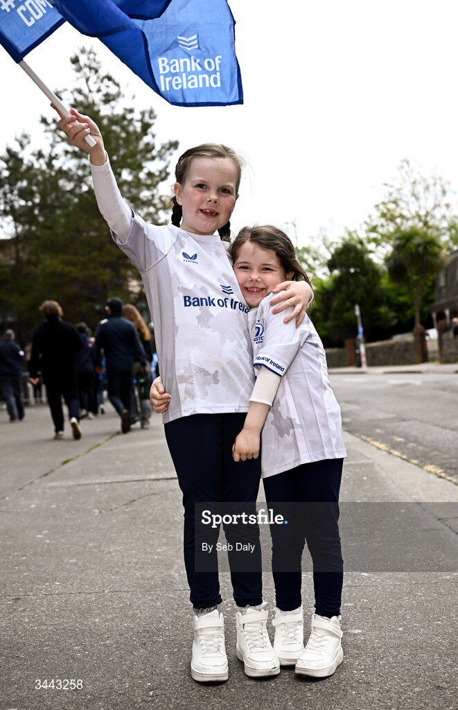2 May 2026; Leinster supporters, Fianna aged 7, left, and Brea, aged 5, from Down, before the Investec Champions Cup semi-final match between Leinster and RC Toulon at the Aviva Stadium in Dublin. Photo by Seb Daly/Sportsfile