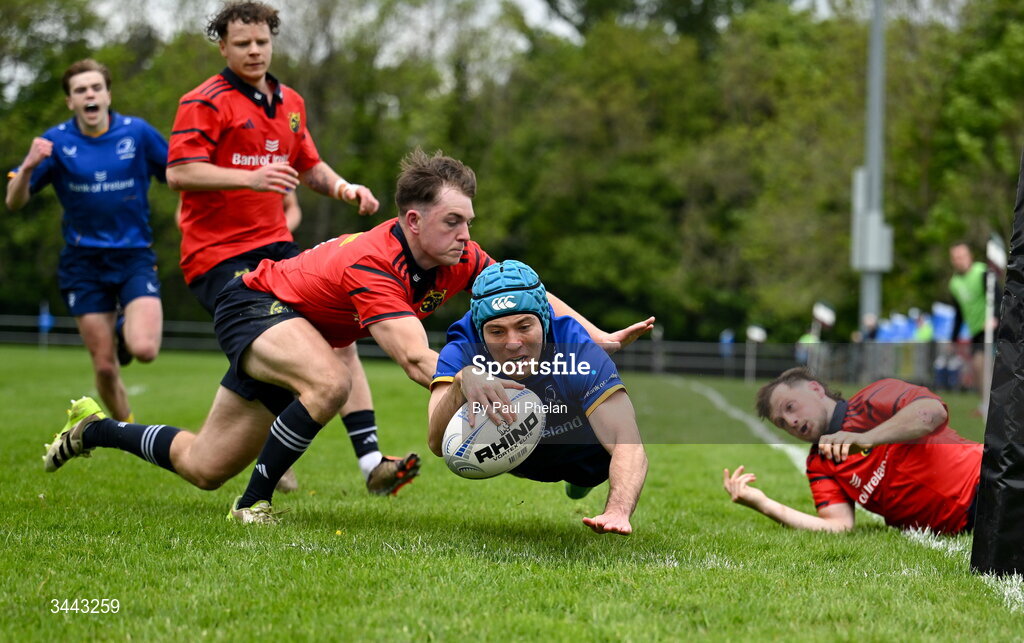2 May 2026; Oisin McKenna of Leinster scores his side's first try during the IRFU Men's Junior Interprovincials Round 2 match between Munster and Leinster at DLSP FC in Kiltiernan, Dublin. Photo by Paul Phelan/Sportsfile