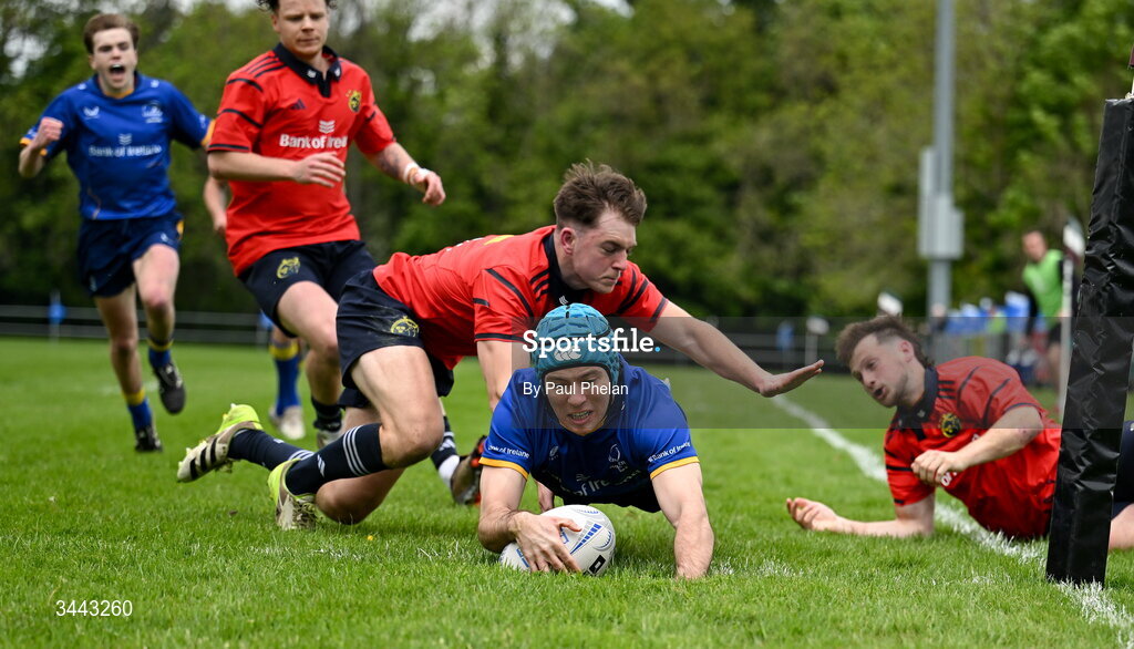 2 May 2026; Oisin McKenna of Leinster scores his side's first try during the IRFU Men's Junior Interprovincials Round 2 match between Munster and Leinster at DLSP FC in Kiltiernan, Dublin. Photo by Paul Phelan/Sportsfile