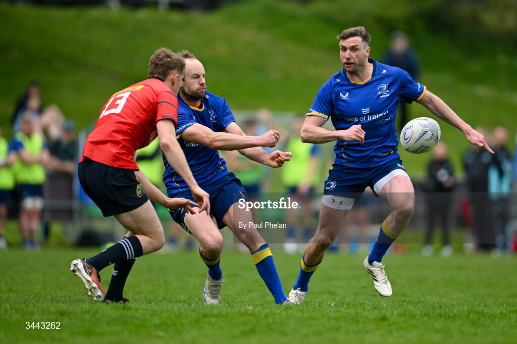 2 May 2026; Craig Miller of Leinster passes the ball during the IRFU Men's Junior Interprovincials Round 2 match between Munster and Leinster at DLSP FC in Kiltiernan, Dublin. Photo by Paul Phelan/Sportsfile