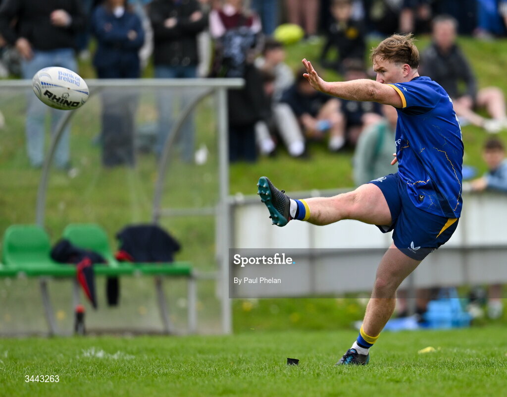 2 May 2026; Conor Dunne of Leinster kicks a conversion during the IRFU Men's Junior Interprovincials Round 2 match between Munster and Leinster at DLSP FC in Kiltiernan, Dublin. Photo by Paul Phelan/Sportsfile