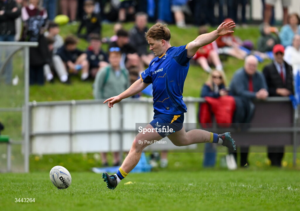 2 May 2026; Conor Dunne of Leinster kicks a conversion during the IRFU Men's Junior Interprovincials Round 2 match between Munster and Leinster at DLSP FC in Kiltiernan, Dublin. Photo by Paul Phelan/Sportsfile
