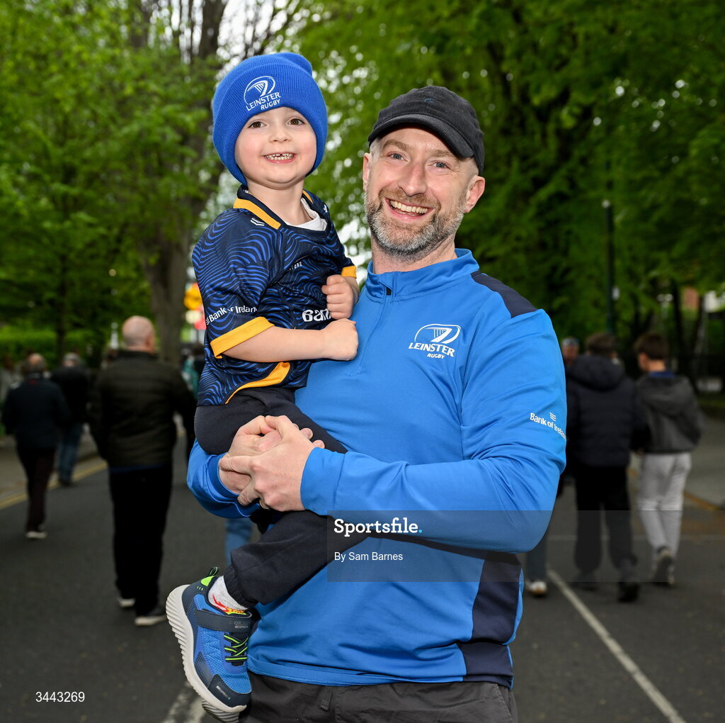 2 May 2026; Leinster supporters, Eunan Hession, right, and Roger Hession, aged 4, from Ballinteer in Dublin before the Investec Champions Cup semi-final match between Leinster and RC Toulon at the Aviva Stadium in Dublin. Photo by Sam Barnes/Sportsfile