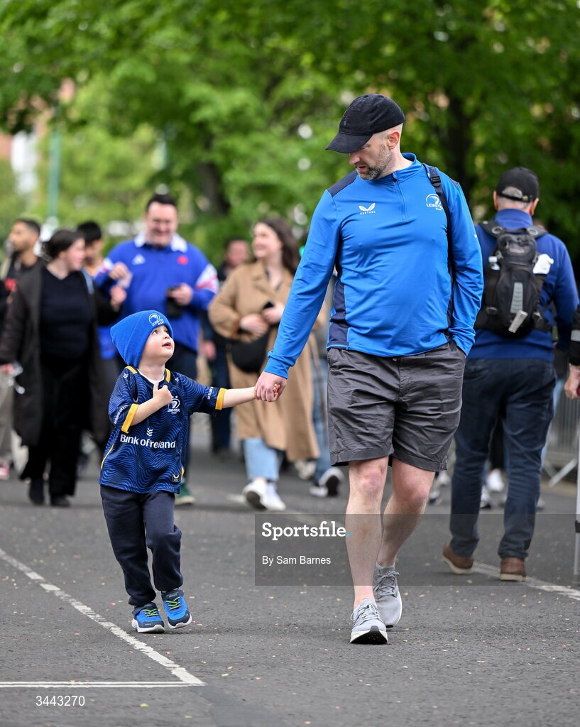 2 May 2026; Leinster supporters, Eunan Hession, right, and Roger Hession, aged 4, from Ballinteer in Dublin before the Investec Champions Cup semi-final match between Leinster and RC Toulon at the Aviva Stadium in Dublin. Photo by Sam Barnes/Sportsfile