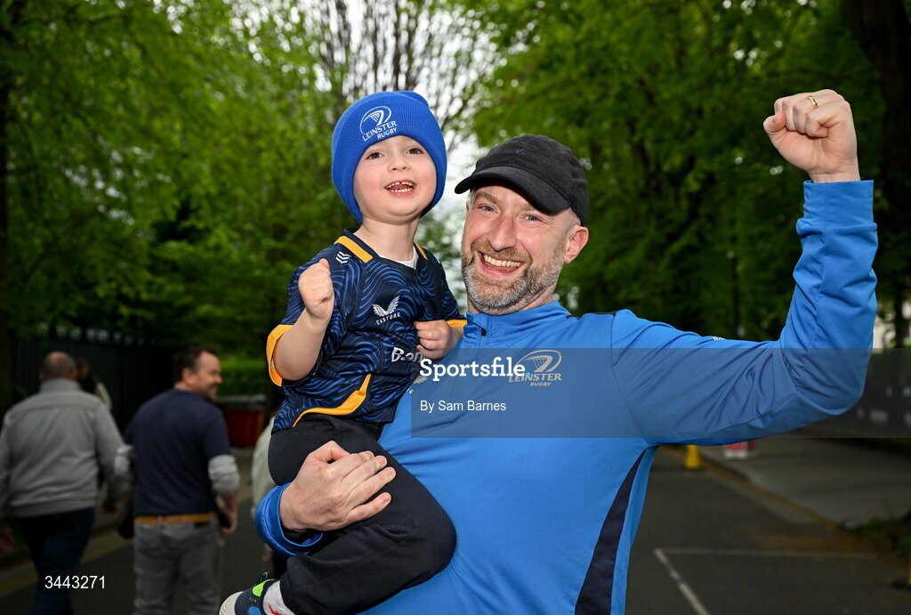 2 May 2026; Leinster supporters, Eunan Hession, right, and Roger Hession, aged 4, from Ballinteer in Dublin before the Investec Champions Cup semi-final match between Leinster and RC Toulon at the Aviva Stadium in Dublin. Photo by Sam Barnes/Sportsfile