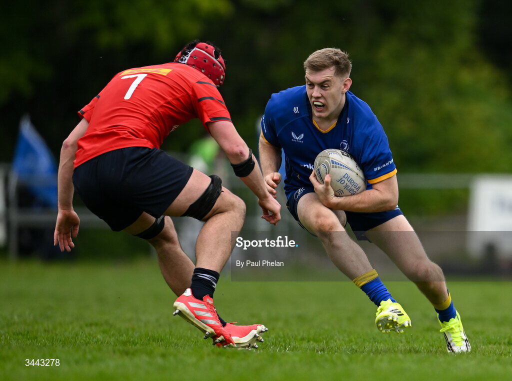 2 May 2026; Matt McKenna of Leinster in action against Sam Quinlan of Munster during the IRFU Men's Junior Interprovincials Round 2 match between Munster and Leinster at DLSP FC in Kiltiernan, Dublin. Photo by Paul Phelan/Sportsfile