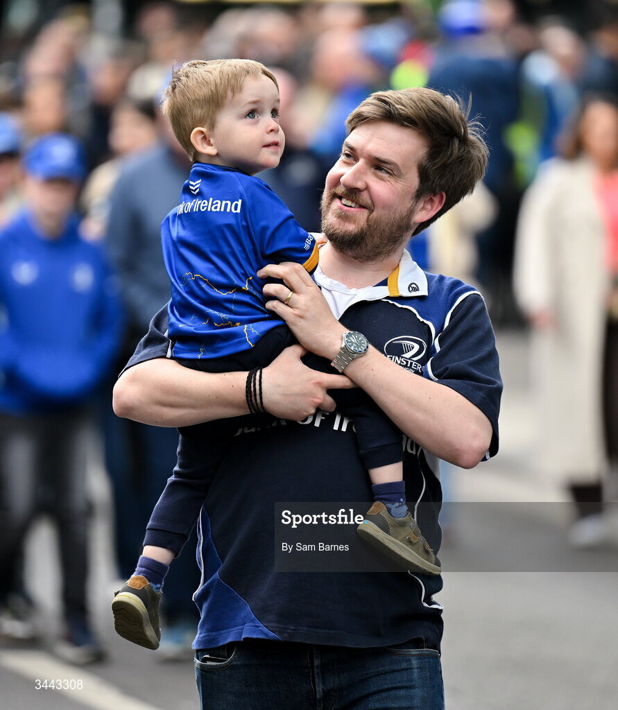 2 May 2026; Leinster supporters, Caolán Flood, left, aged 2 and  a half, and Alan Flood, from Castleknock in Dublin before the Investec Champions Cup semi-final match between Leinster and RC Toulon at the Aviva Stadium in Dublin. Photo by Sam Barnes/Sportsfile