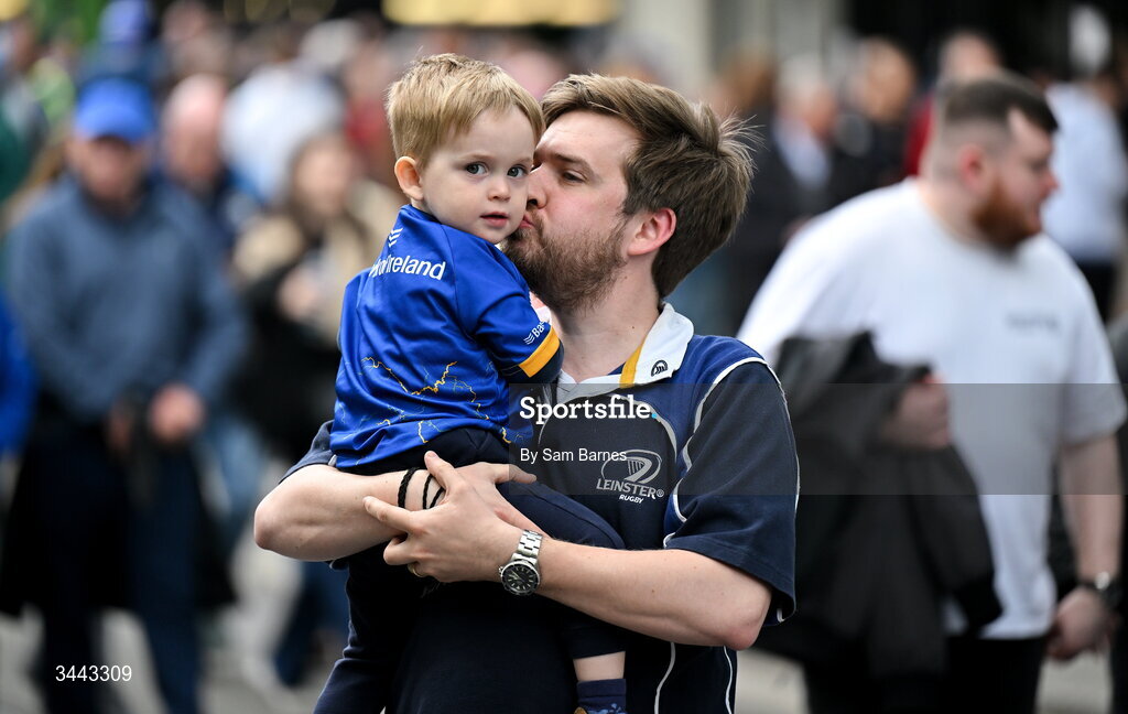 2 May 2026; Leinster supporters, Caolán Flood, left, aged 2 and  a half, and Alan Flood, from Castleknock in Dublin before the Investec Champions Cup semi-final match between Leinster and RC Toulon at the Aviva Stadium in Dublin. Photo by Sam Barnes/Sportsfile