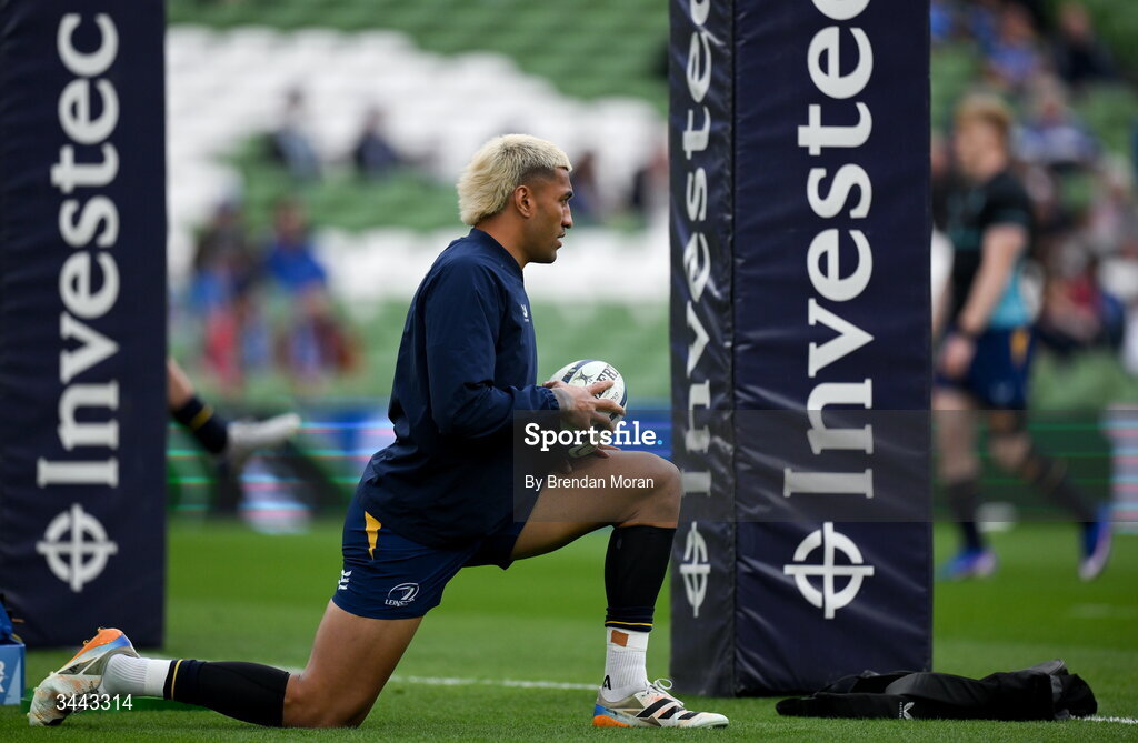 2 May 2026; Rieko Ioane of Leinster before the Investec Champions Cup semi-final match between Leinster and RC Toulon at the Aviva Stadium in Dublin. Photo by Brendan Moran/Sportsfile