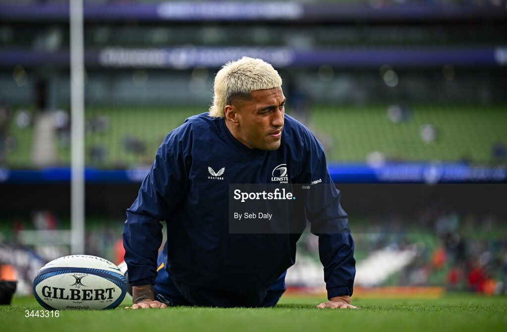 2 May 2026; Rieko Ioane of Leinster before the Investec Champions Cup semi-final match between Leinster and RC Toulon at the Aviva Stadium in Dublin. Photo by Seb Daly/Sportsfile