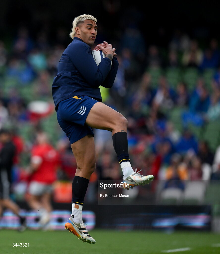 2 May 2026; Rieko Ioane of Leinster before the Investec Champions Cup semi-final match between Leinster and RC Toulon at the Aviva Stadium in Dublin. Photo by Brendan Moran/Sportsfile