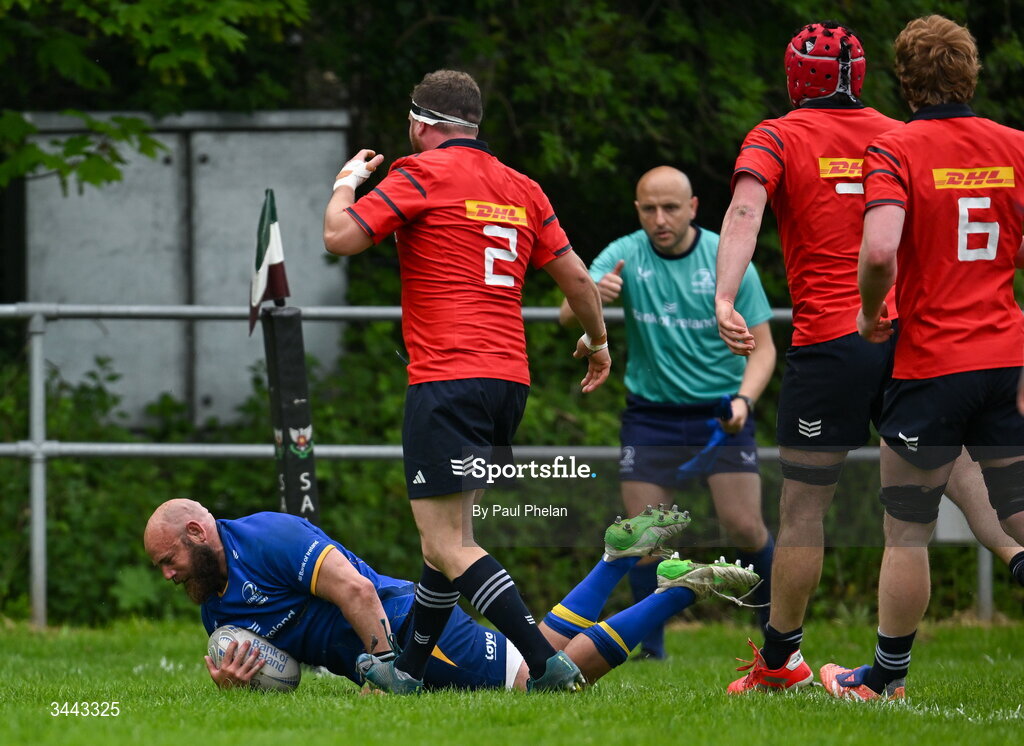 2 May 2026; Dewald Bernard of Leinster scores his side's third try during the IRFU Men's Junior Interprovincials Round 2 match between Munster and Leinster at DLSP FC in Kiltiernan, Dublin. Photo by Paul Phelan/Sportsfile