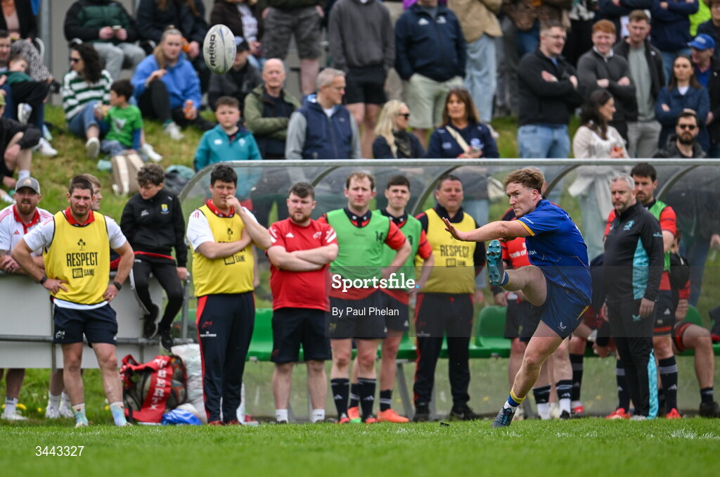 2 May 2026; Conor Dunne of Leinster kicks a conversion during the IRFU Men's Junior Interprovincials Round 2 match between Munster and Leinster at DLSP FC in Kiltiernan, Dublin. Photo by Paul Phelan/Sportsfile