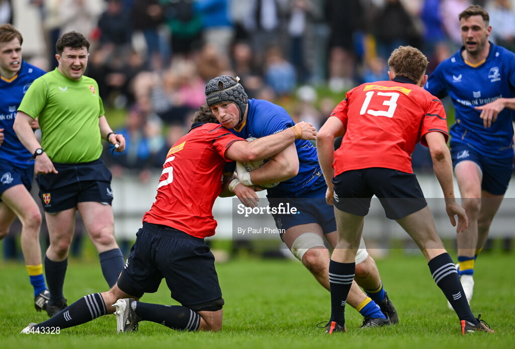 2 May 2026; Liam Forster of Leinster is tackled by Tadhg Galvin of Munster during the IRFU Men's Junior Interprovincials Round 2 match between Munster and Leinster at DLSP FC in Kiltiernan, Dublin. Photo by Paul Phelan/Sportsfile