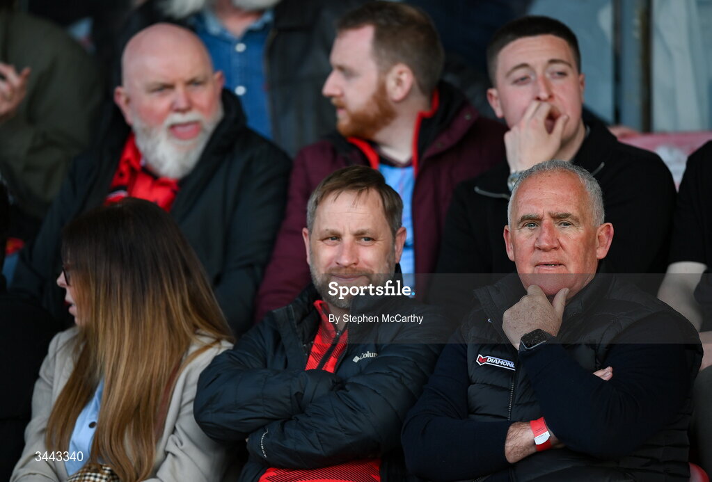 1 May 2026; Derry City board member Peter Wallace, front right, during the SSE Airtricity Men's Premier Division match between Bohemians and Derry City at Dalymount Park in Dublin. Photo by Stephen McCarthy/Sportsfile