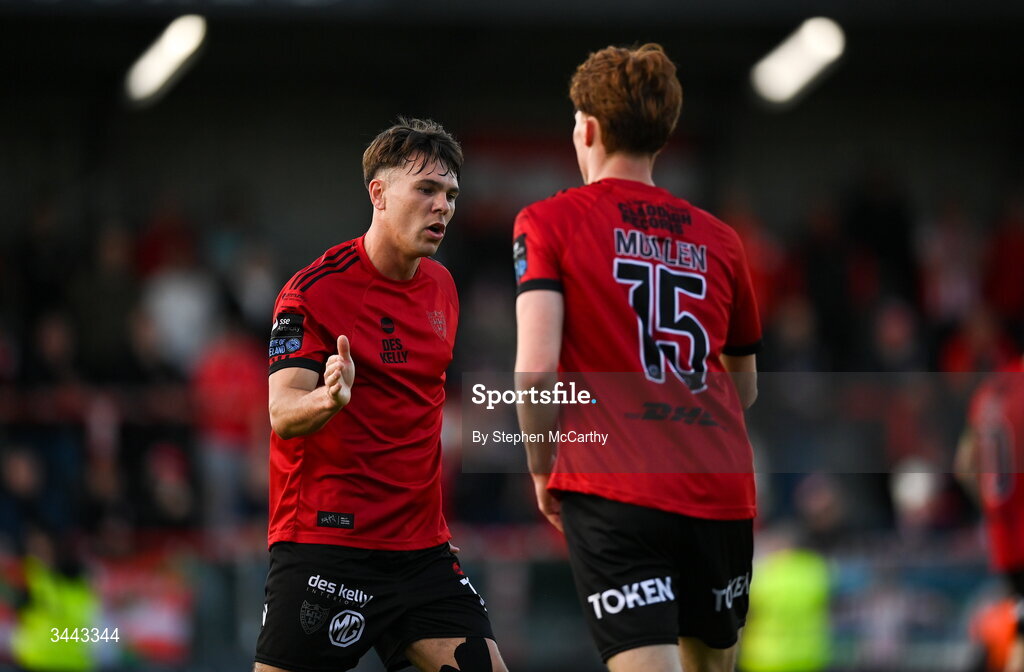 1 May 2026; Dayle Rooney and Bohemians team-mate Senan Mullen, rigth, during the SSE Airtricity Men's Premier Division match between Bohemians and Derry City at Dalymount Park in Dublin. Photo by Stephen McCarthy/Sportsfile
