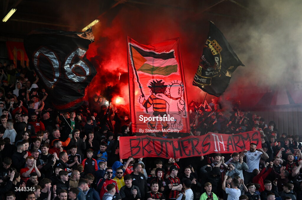 1 May 2026; Bohemians supporters before the SSE Airtricity Men's Premier Division match between Bohemians and Derry City at Dalymount Park in Dublin. Photo by Stephen McCarthy/Sportsfile