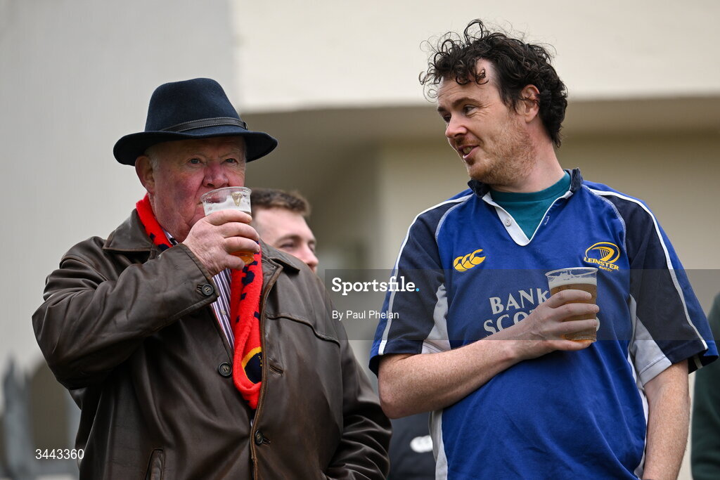 2 May 2026; A Munster supporter and a Leinster supporter during the IRFU Men's Junior Interprovincials Round 2 match between Munster and Leinster at DLSP FC in Kiltiernan, Dublin. Photo by Paul Phelan/Sportsfile