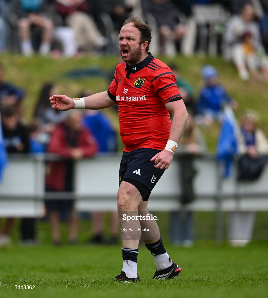 2 May 2026; Brian Mullins of Munster celebrates a try during the IRFU Men's Junior Interprovincials Round 2 match between Munster and Leinster at DLSP FC in Kiltiernan, Dublin. Photo by Paul Phelan/Sportsfile