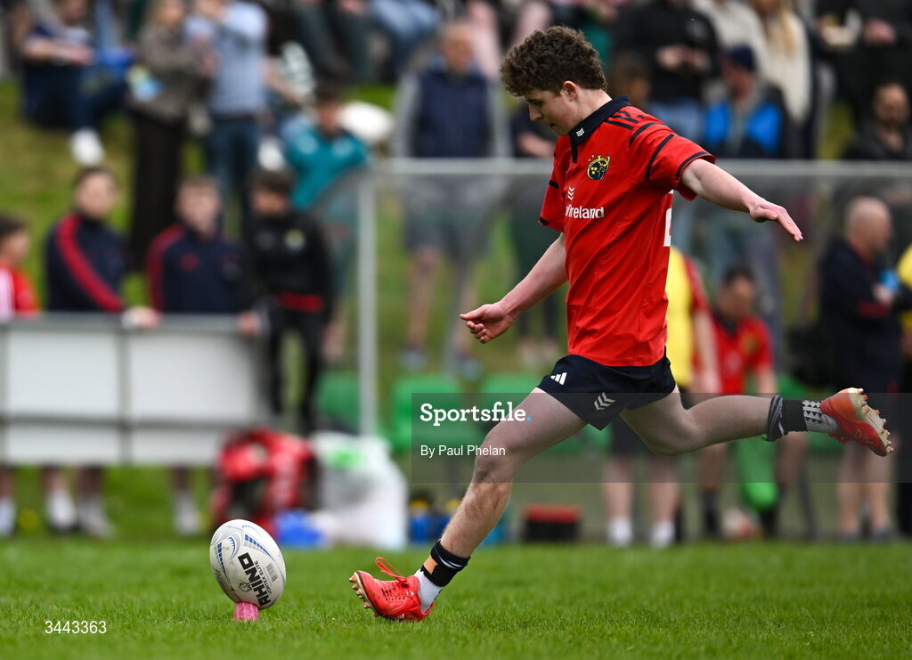 2 May 2026; Fionn Fogarty of Munster kicks a conversion during the IRFU Men's Junior Interprovincials Round 2 match between Munster and Leinster at DLSP FC in Kiltiernan, Dublin. Photo by Paul Phelan/Sportsfile