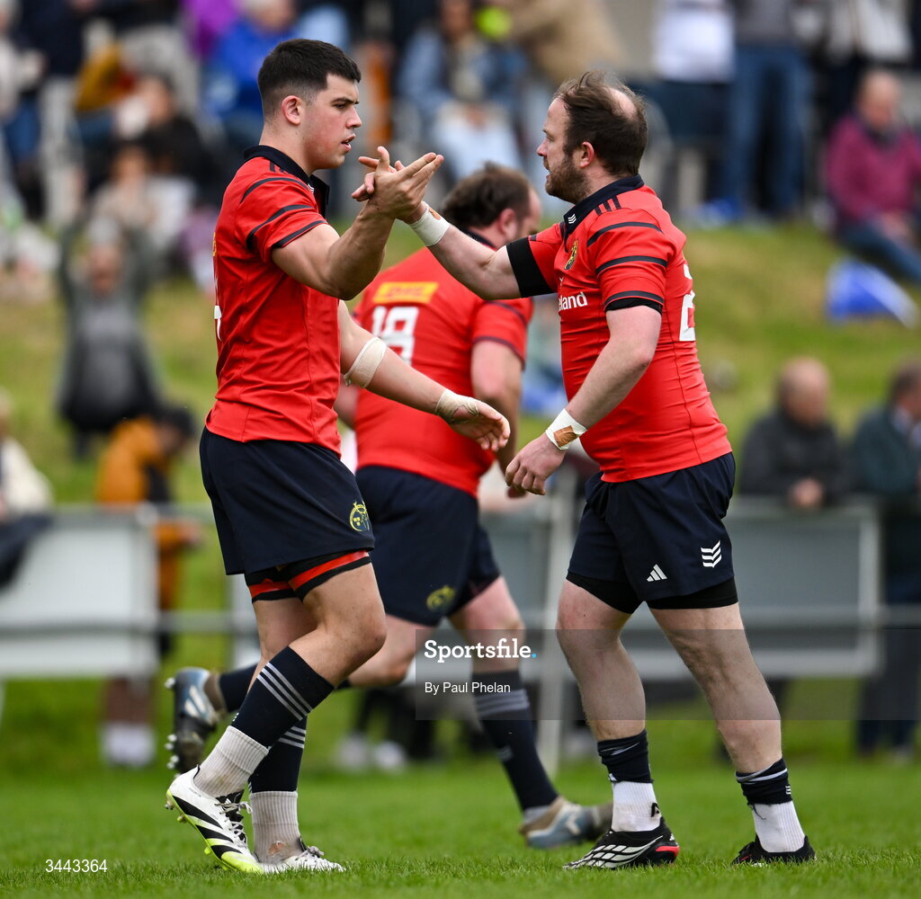 2 May 2026; Killian O'Connell and Brian Mullins of Munster celebrate a try during the IRFU Men's Junior Interprovincials Round 2 match between Munster and Leinster at DLSP FC in Kiltiernan, Dublin. Photo by Paul Phelan/Sportsfile