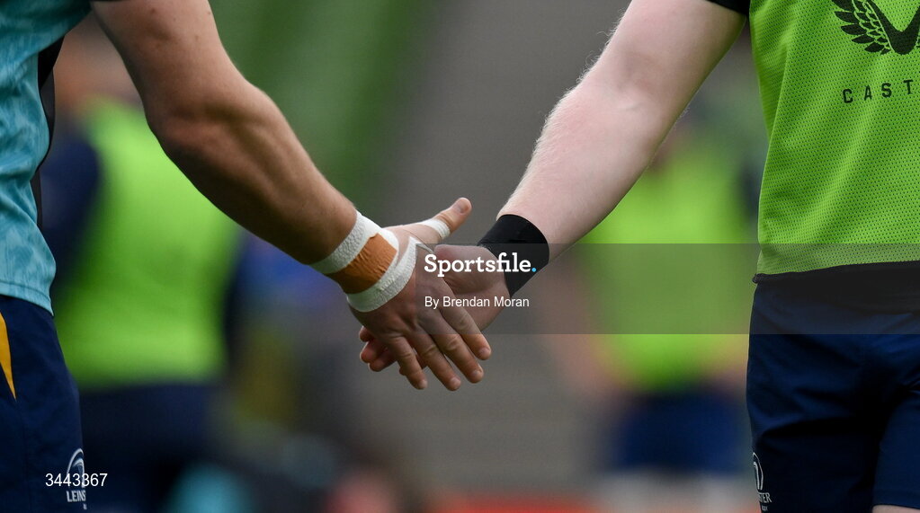 2 May 2026; Robbie Henshaw, left, and Jamie Osborne of Leinster before the Investec Champions Cup semi-final match between Leinster and RC Toulon at the Aviva Stadium in Dublin. Photo by Brendan Moran/Sportsfile