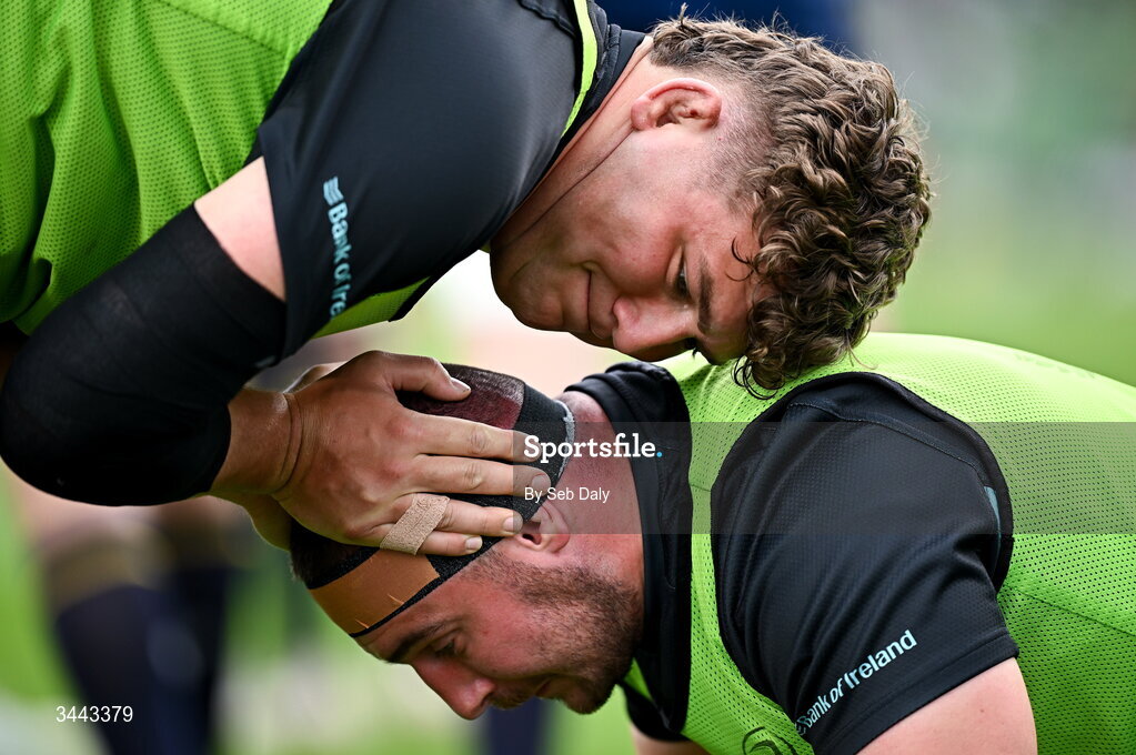 2 May 2026; Jerry Cahir, right, and Andrew Sparrow of Leinster before the Investec Champions Cup semi-final match between Leinster and RC Toulon at the Aviva Stadium in Dublin. Photo by Seb Daly/Sportsfile