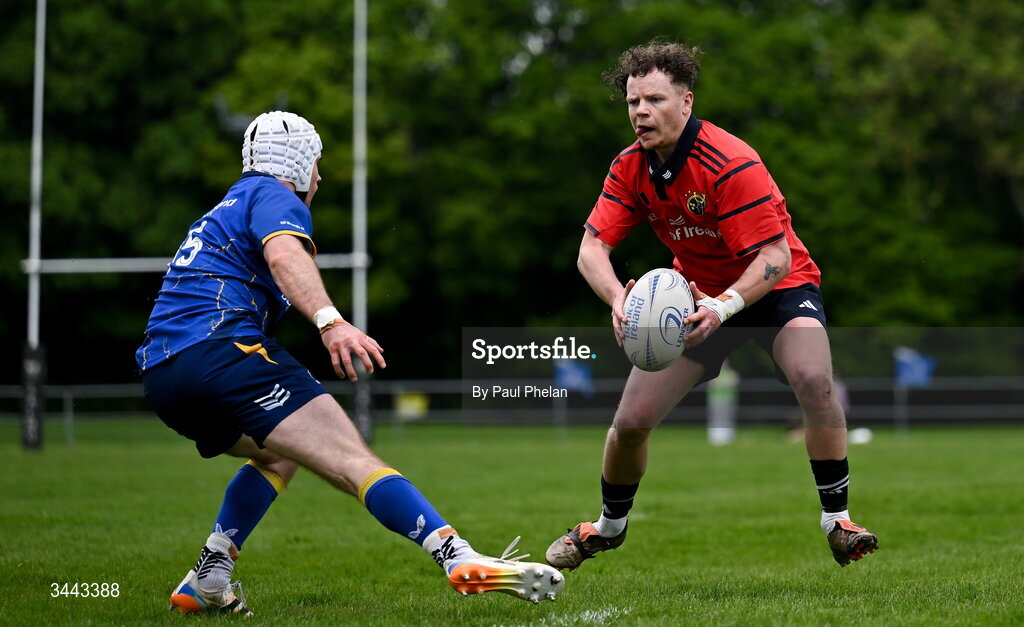2 May 2026; Ben Daly of Munster in action against Cormac Hurley of Leinster during the IRFU Men's Junior Interprovincials Round 2 match between Munster and Leinster at DLSP FC in Kiltiernan, Dublin. Photo by Paul Phelan/Sportsfile