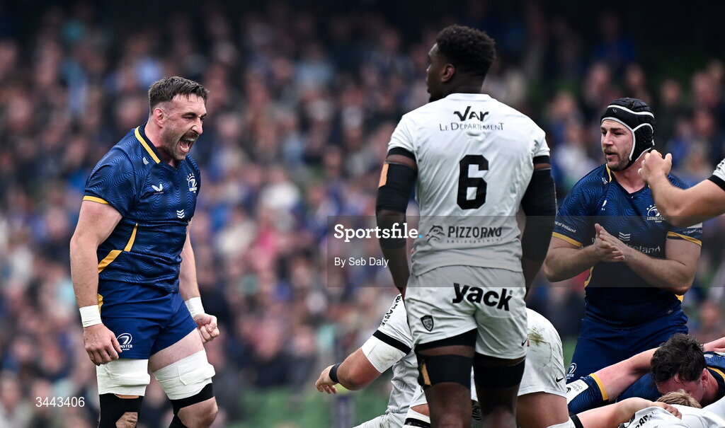 2 May 2026; Jack Conan of Leinster celebrates his side winning a scrum penalty during the Investec Champions Cup semi-final match between Leinster and RC Toulon at the Aviva Stadium in Dublin. Photo by Seb Daly/Sportsfile